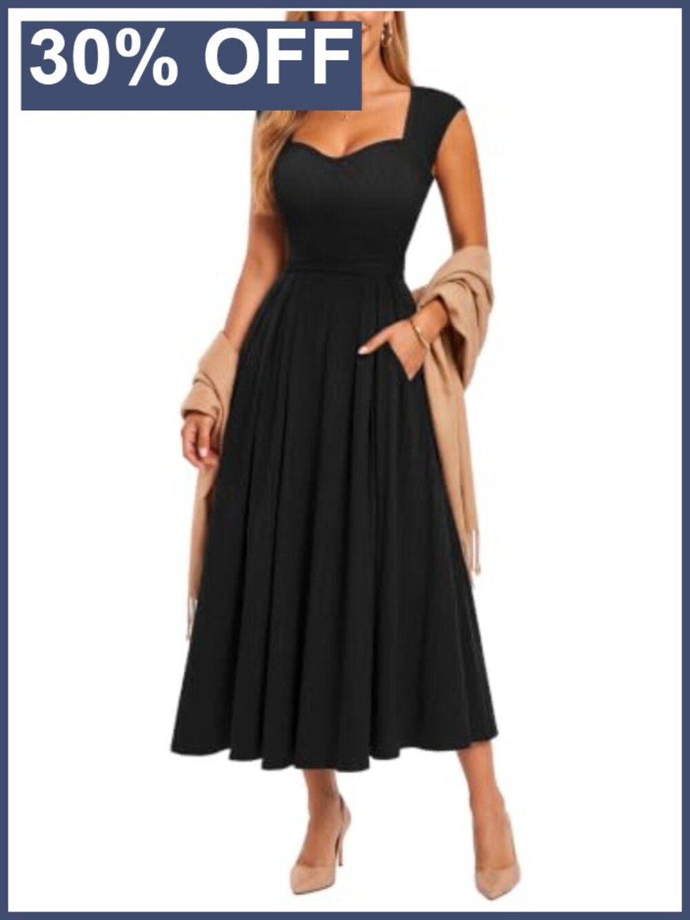 Miusol Retro Square Neck Pleated A-Line Swing Midi Dress